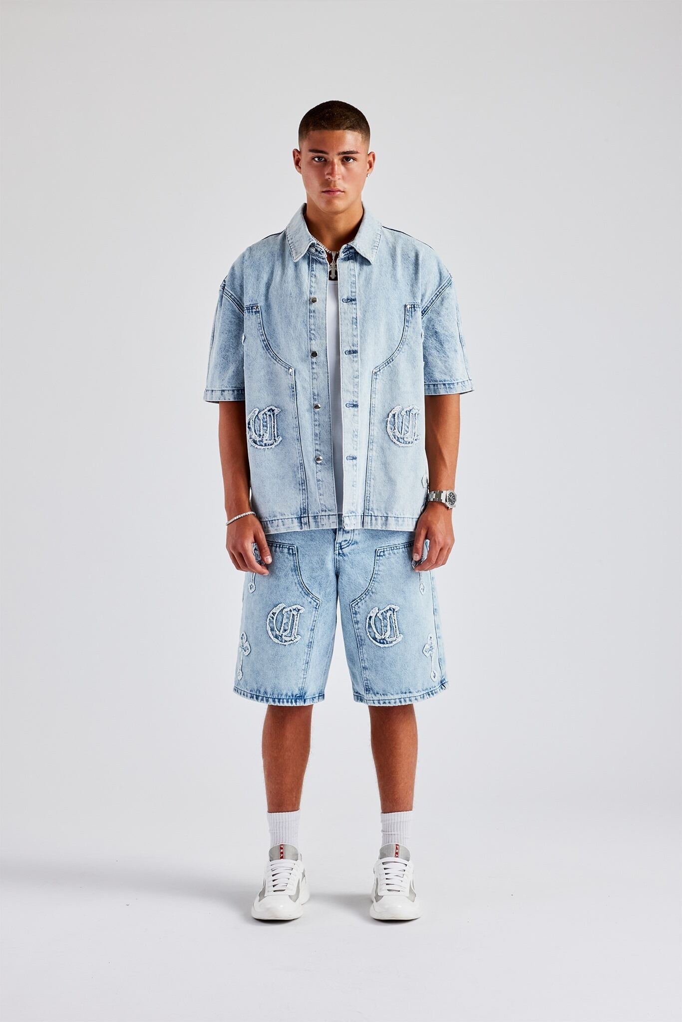 Raw Edge Applique Carpenter Denim Shirt & Bermuda Short - Ice Blue